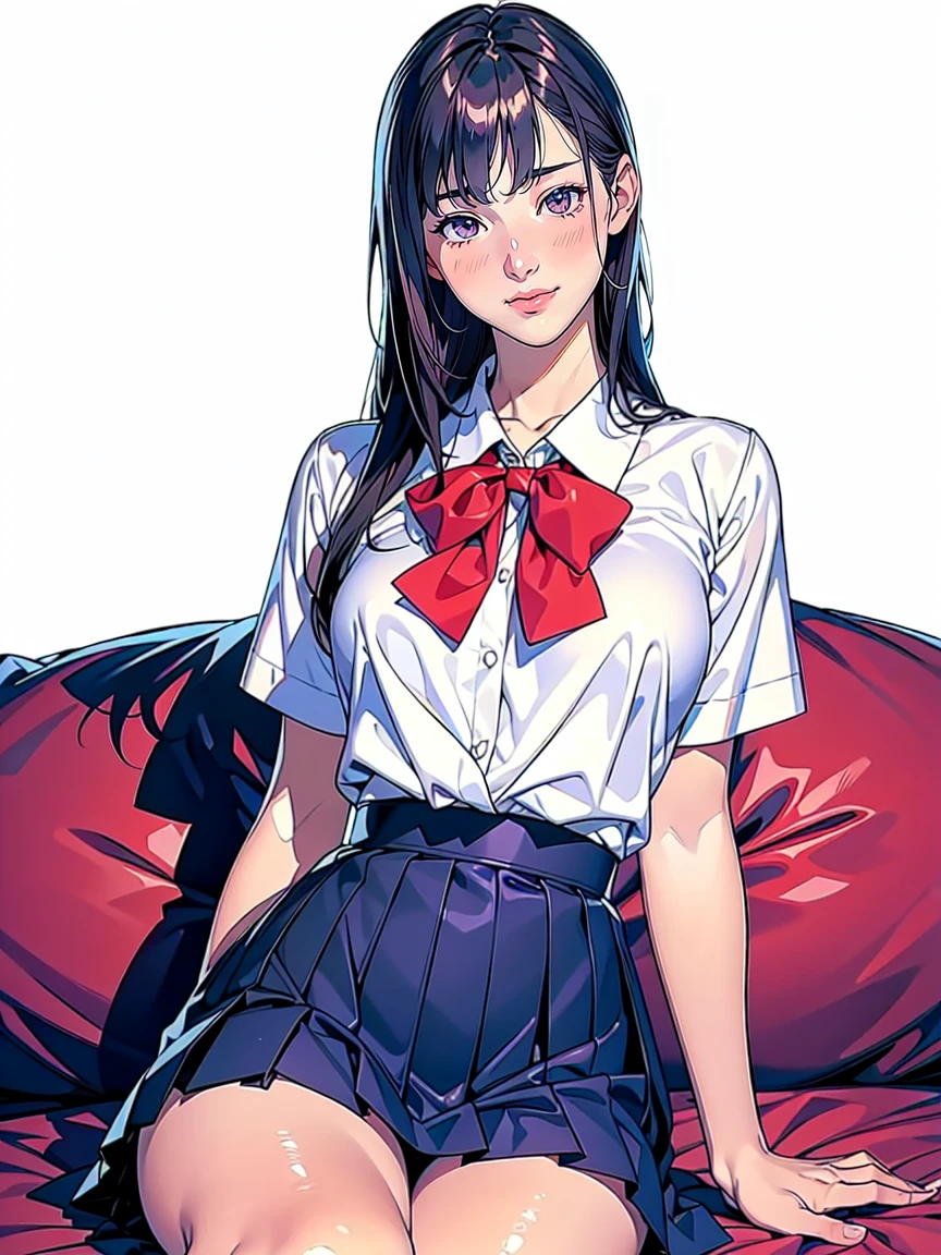 (Highest quality、Masterpiece、、Highest quality、Hyperrealism、Ultra HD)、(White polyester collared blouse:1.2)、(Navy Pleated Skirt:1.4)、( Red bow tie on chest:1.1)、Perfect Style、Perfect body line、Large 、Slender body、Perfect beautiful anime style、Smooth anime CG art、(The simplest pure white background:1.1)、(No background:1.5)、SittThighs、(Open your crotch to see your panties:1.1ies shot from .1)、Embarrassed expression、blush、smile