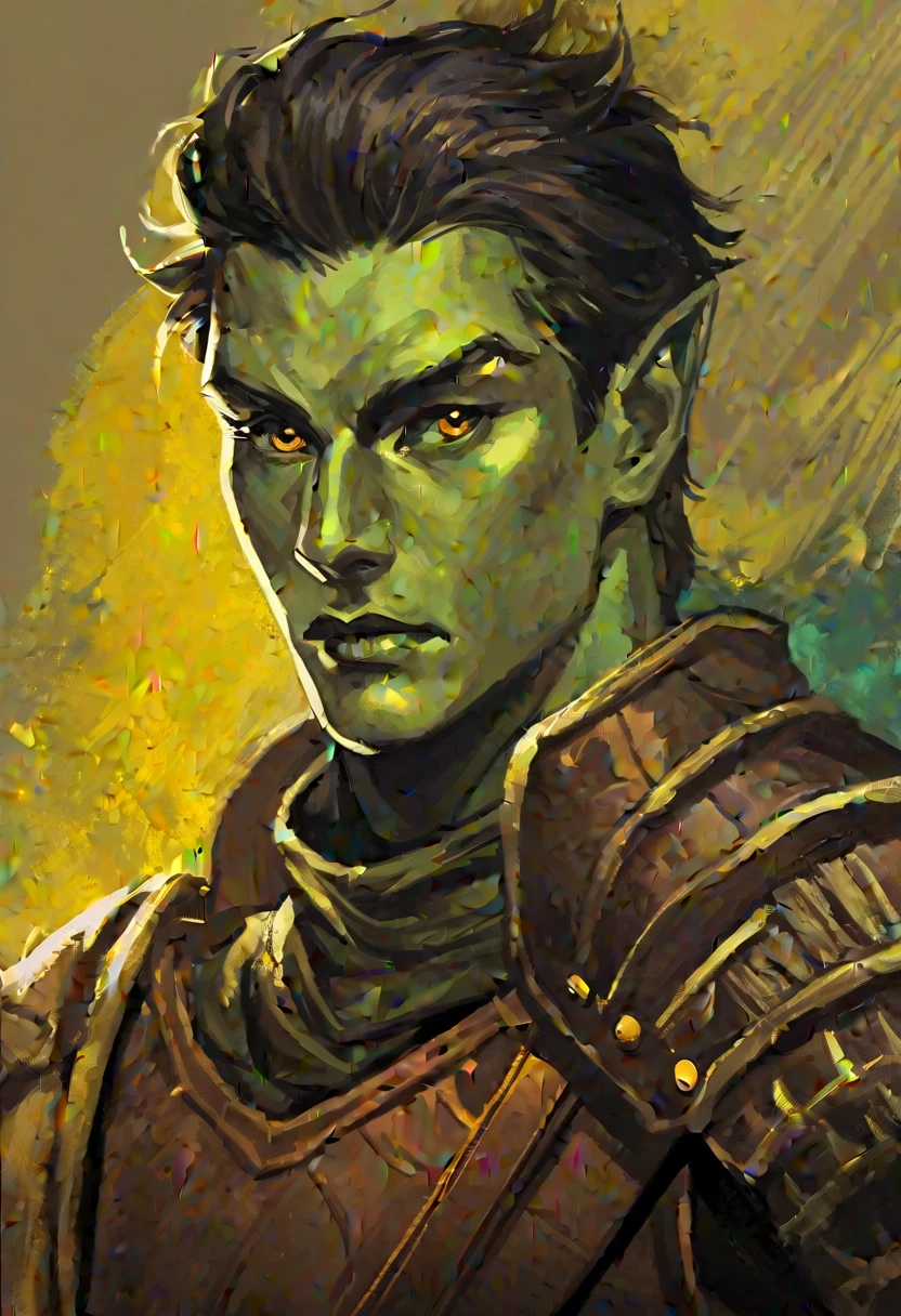 digitalpainting, pictorial \(styled\), male rogue from the Elder Scrolls series, trunk, portraite, A4, short dark hair, golden eye, Light green skin, brown leather armor, without shoulder pad, Dynamic shading, expressive brushstrokes, oil on canvas, extremely detaild, light and dark colors