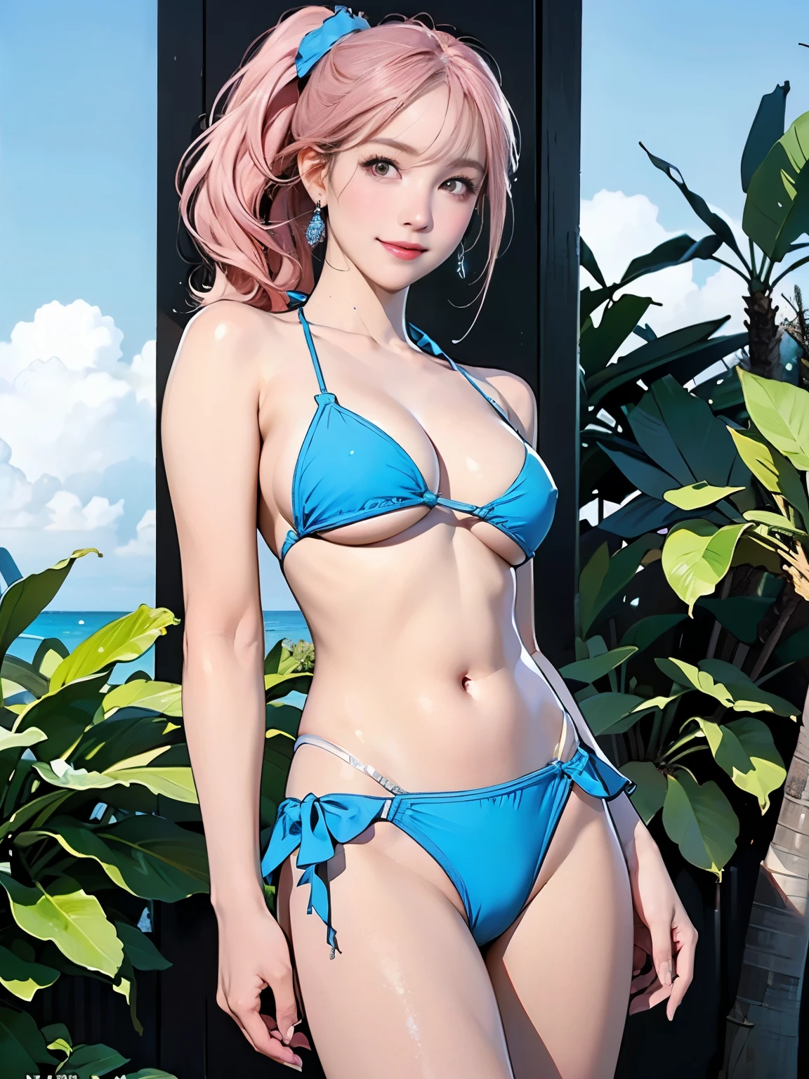 ((((Highest quality))))、(((Ultra-precision CG16K wallpaper)))、(((masterpiece)))、(((Super detailed)))、(((Extreme detail)))、((1Mature 29 year old woman:1.6))、((Very beautiful Japan face of a person))、((Urizane Face:1.8))、((Soft wavy ponytail medium hair:1.6))、((Shiny pink hair:1.5))、A delicately drawn beautiful face、(Dark Eyes、Reflected light from the eye)、double eyelid、High nose、Small nostrils、Small Mouth、Seductive lips、Beautiful breasts、((C cup size breasts))、Cleavage、Small belly button、Delicate nails、Beautiful feet、Thin thighs、eight-headed body、Perfect proportions、Perfect Anatomy、Perfect composition、Beautiful detailed shading、Beautiful, natural lighting、Beautiful detail glow、Depth of written boundary、(((High chroma)))、(((Real:1.9)))、((vivid:1.5))、((Beautiful Skin))、((Skin Texture))、((Realな皮膚感))、(((Cowboy Shot:1.6)))、(((front view、shoot from front、front low angle:1.6)))、(((smile:1.6)))、(((looking at camera:1.6)))、Bright daylight、Natural light、(((background_Beach、Palm tree、Sky and Clouds:1.5)))、(Gravure idol pose:1.6)、(((Light blue micro bikini swimsuit:1.8)))、((Scrunchie Ribbon、Wearing earrings:1.5))、((Lace Stockings Clothed))、