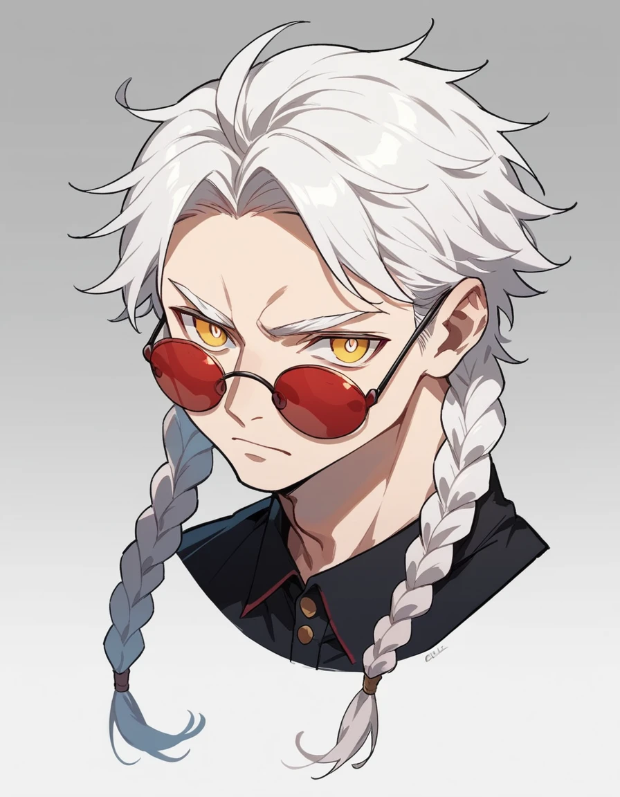 (( Concept ART)) ,human Male  ,Round red Sunglasses  , white hair,One long braided , yellow pupils Black shirt 