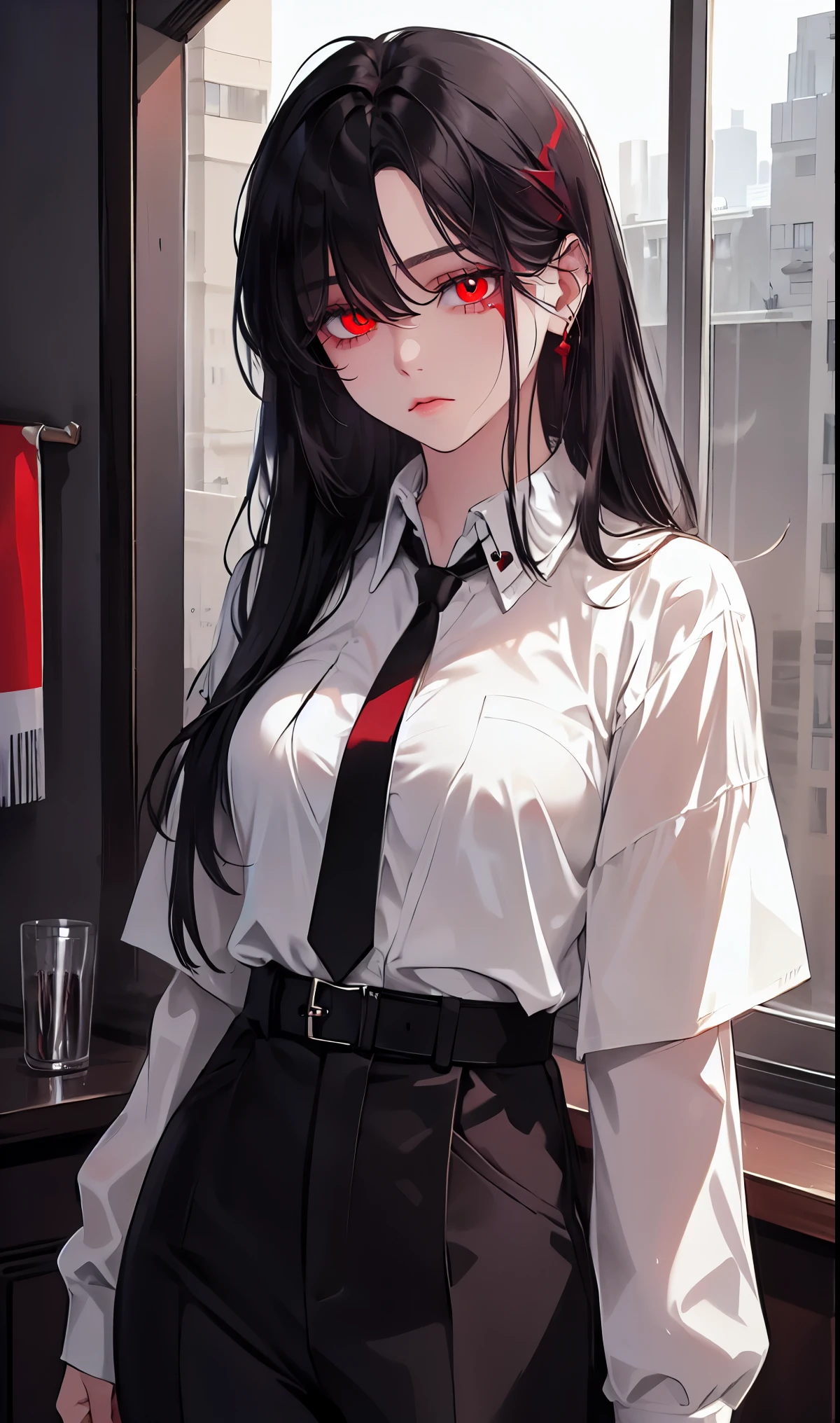 1girl, earrings, solo,lips, female focus, red eyes, looking at viewer, black hair, long hair, closed mouth, Cigarette in the mouth
