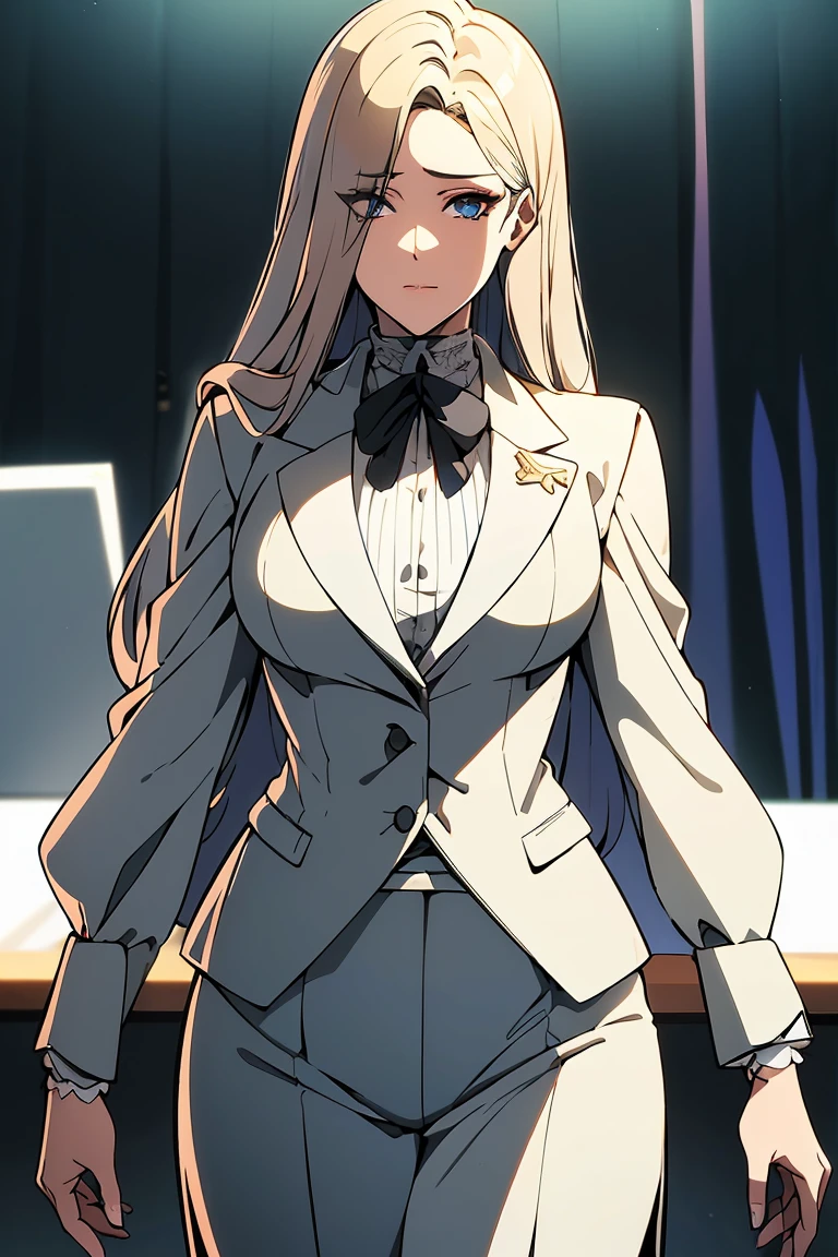 (masterpiece:1.2, Best quality), (exquisite eyes: 1.2), A high resolution, ultra detailed, HDR, masterpiece, very detailed face and eyes, confident expression, young woman, business style, trousers, hair with dark roots transitioning to blue tips, 18 years, Squint, (exquisite eyes and exquisite face:1.3), ( nice and clear background: 1.2), (extremely detailed computer graphics, Super detailed, The best shadows: 1.1), ((depth of field)),