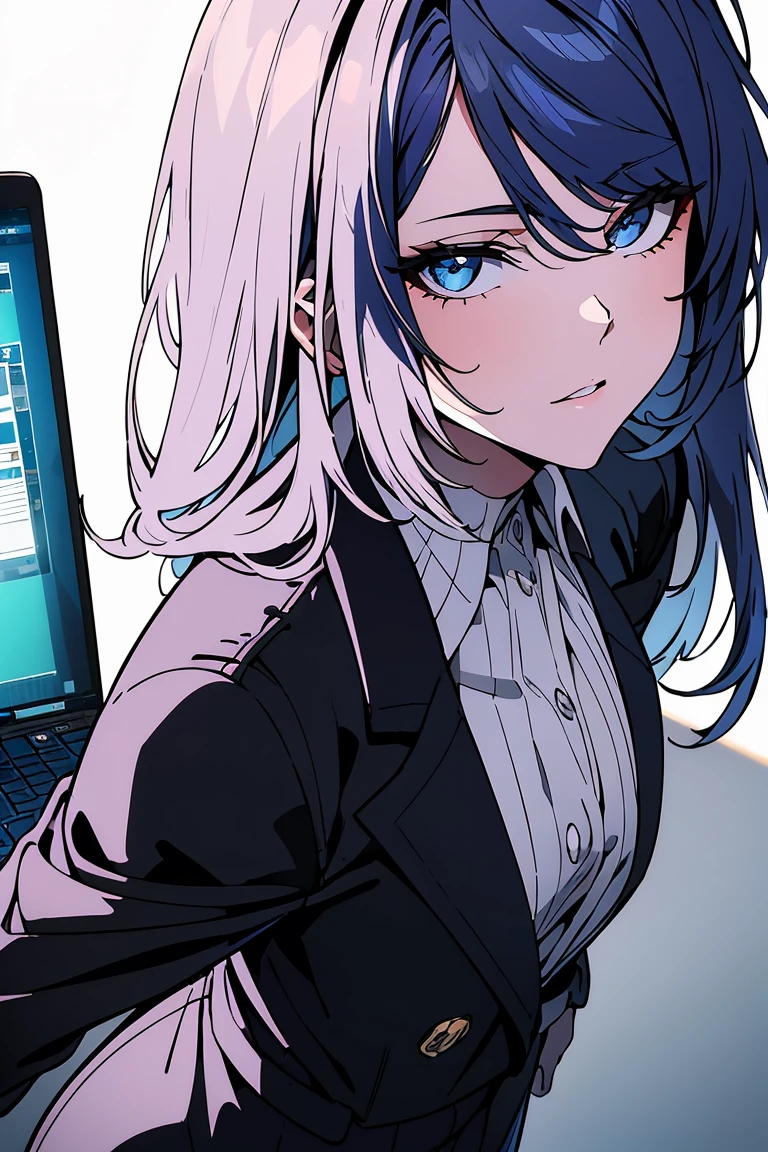 (masterpiece:1.2, Best quality), (exquisite eyes: 1.2), A high resolution, ultra detailed, HDR, masterpiece, very detailed face and eyes, confident expression, young woman, business style, trousers, hair with dark roots transitioning to blue tips, 18 years, Squint, (exquisite eyes and exquisite face:1.3), ( nice and clear background: 1.2), (extremely detailed computer graphics, Super detailed, The best shadows: 1.1), ((depth of field)),