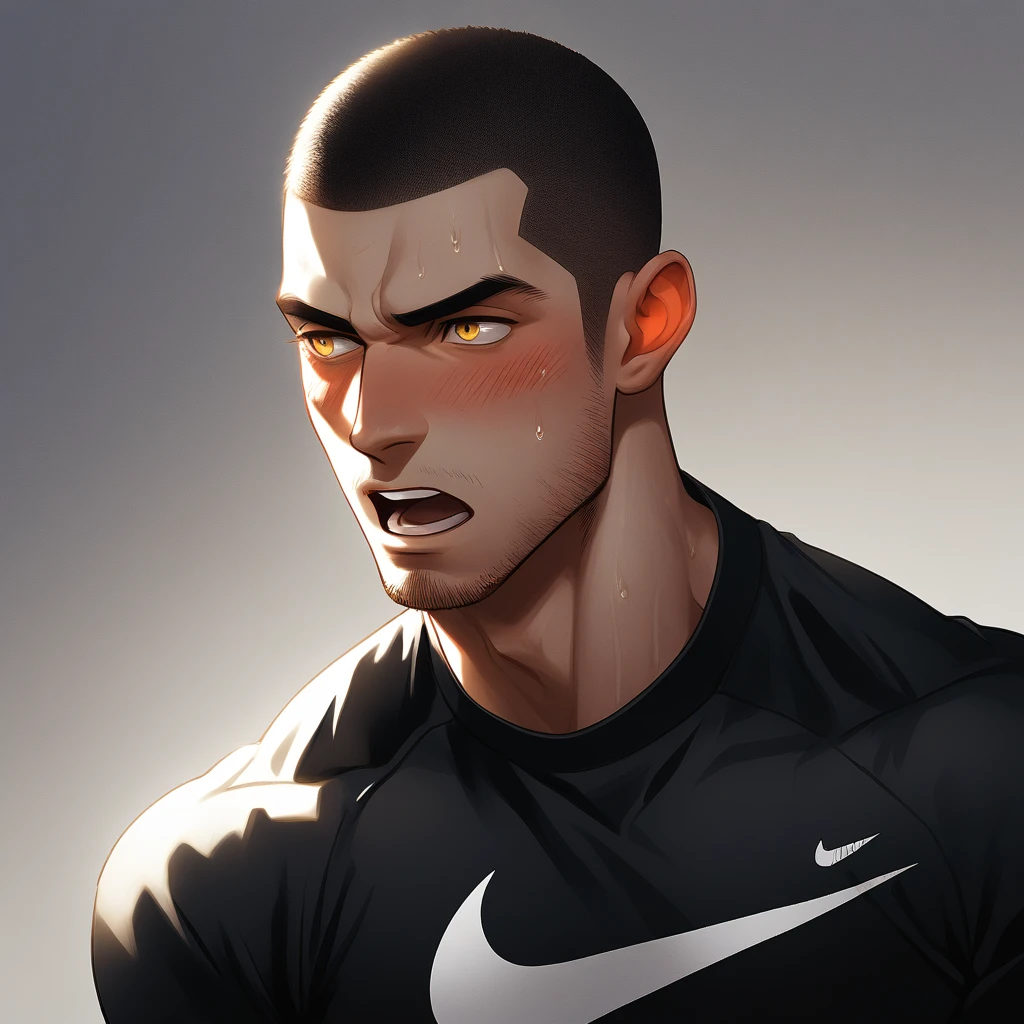 1muscular sportsman, Athlete,male focus, Buzz Cut, Yellow and black tight T-shirt, nike logo,Very tight, muscular male, muscular, only, Upper body, alone, look to the side, short hair, stubble, sweat, black hair, Yellow eyes, open lips, White background, simple background, amazing quality, best aesthetics, Ridiculous, crew cut, moaning, blush, clair obscur, cinematic lighting, best quality, textured skin