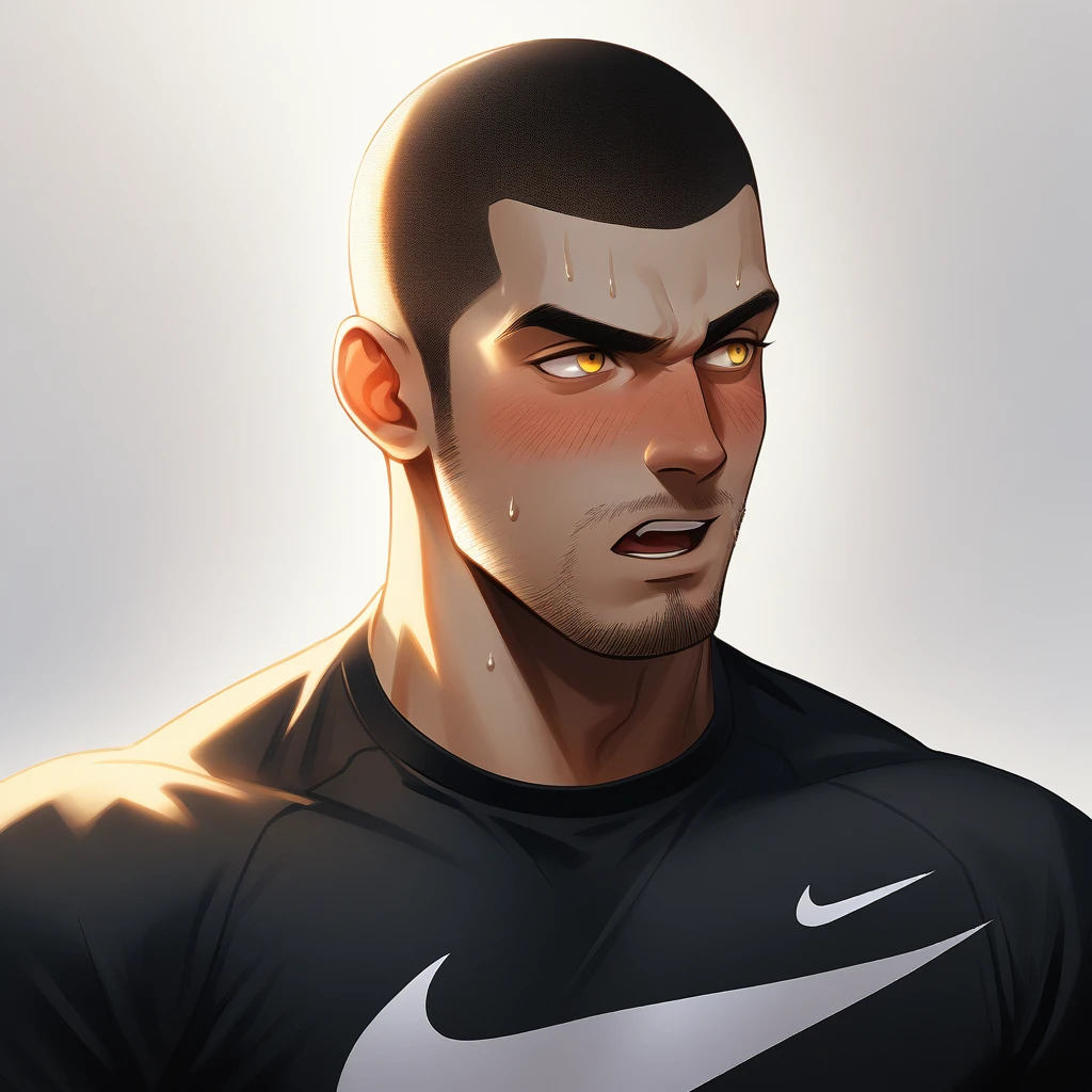 1muscular sportsman, Athlete,male focus, Buzz Cut, Yellow and black tight T-shirt, nike logo,Very tight, muscular male, muscular, only, Upper body, alone, look to the side, short hair, stubble, sweat, black hair, Yellow eyes, open lips, White background, simple background, amazing quality, best aesthetics, Ridiculous, crew cut, moaning, blush, clair obscur, cinematic lighting, best quality, textured skin