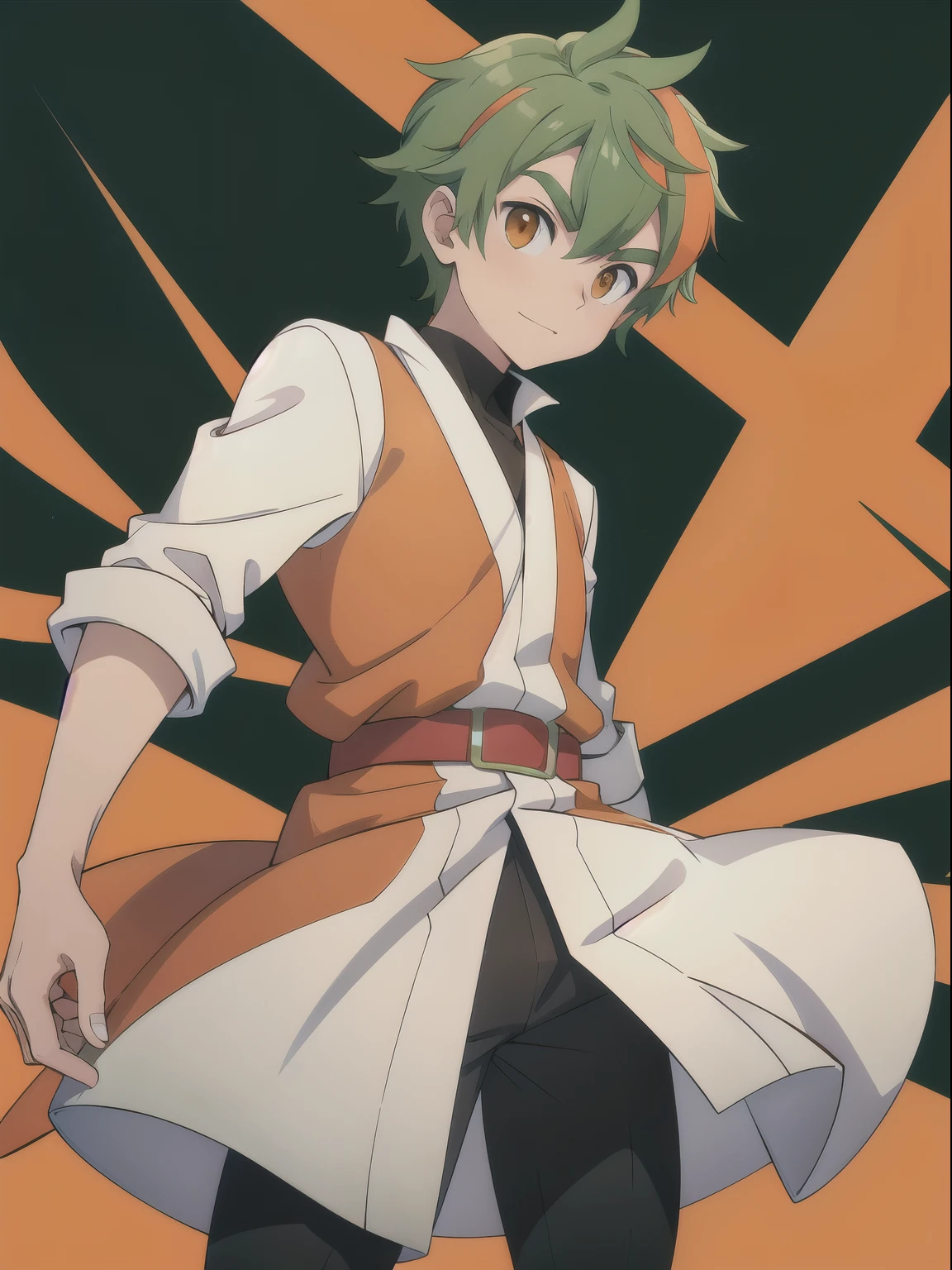 male character, naughty man, carrot outfit, green hair with orange highlights, orange eyes, wearing white coat