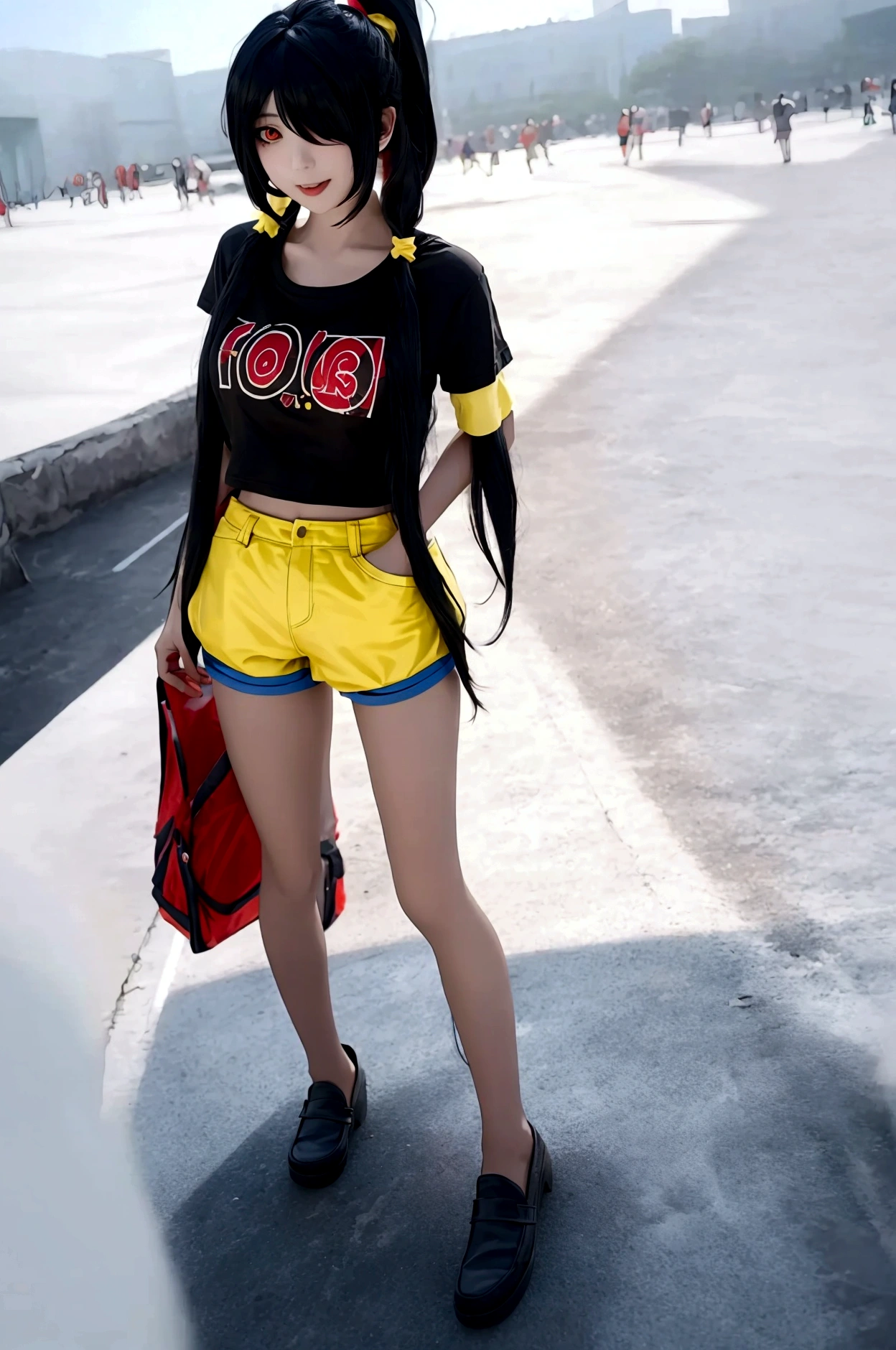 ultra-detailed,highly detailed,best quality,masterpiece,illustration,realistic, photo,photorealistic,
1girl, ((tokisaki kurumi)), cosplay, hair over one eye, (right red eye, left yellow eye), looking at viewer, happy girl, ponytail, ((t-shirts)), (((hotpants))), hair rings, loafers,
(Outdoors), walking, beach
