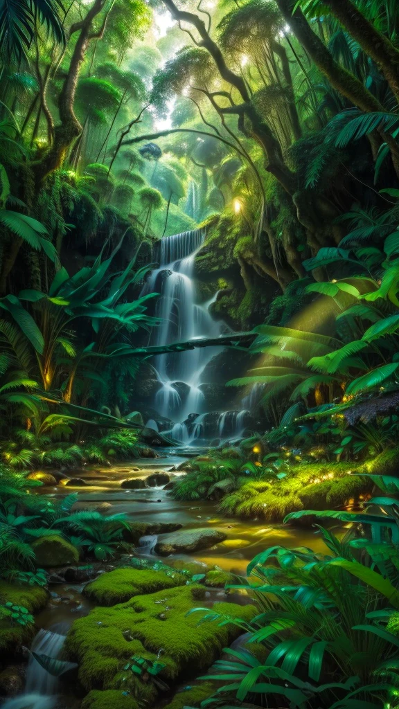 arafed view of a Waterfall in a lush green forest, peaceful Beautiful Waterfall, forest and Waterfall, Beautiful jungle, lush and green, stunning Waterfall, Beautiful stunning Waterfall, Beautiful Waterfall, Fantasy Jungle, The nature of the jungle, Beautiful jungle landscape, with trees and Waterfalls, in a quiet forest setting, Waterfall(Beautiful, lush tropical forest, background - lush jungle, Lush oasis