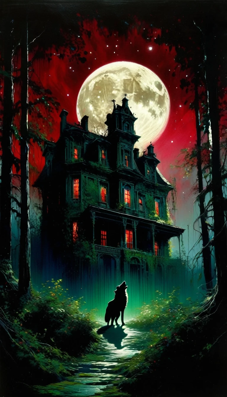 a decaying abandoned mansion in a lush overgrown forest, full moon glowing red in a dark night sky, shadowy wolf silhouettes prowling through the scene, twinkling stars, (best quality, 4k, 8k, highres, masterpiece:1.2), ultra-detailed,(realistic, photorealistic, photo-realistic:1.37), oil painting, intricate brushstrokes, dramatic lighting, dark moody atmosphere, chiaroscuro, Bill Sienkiewicz inspired art