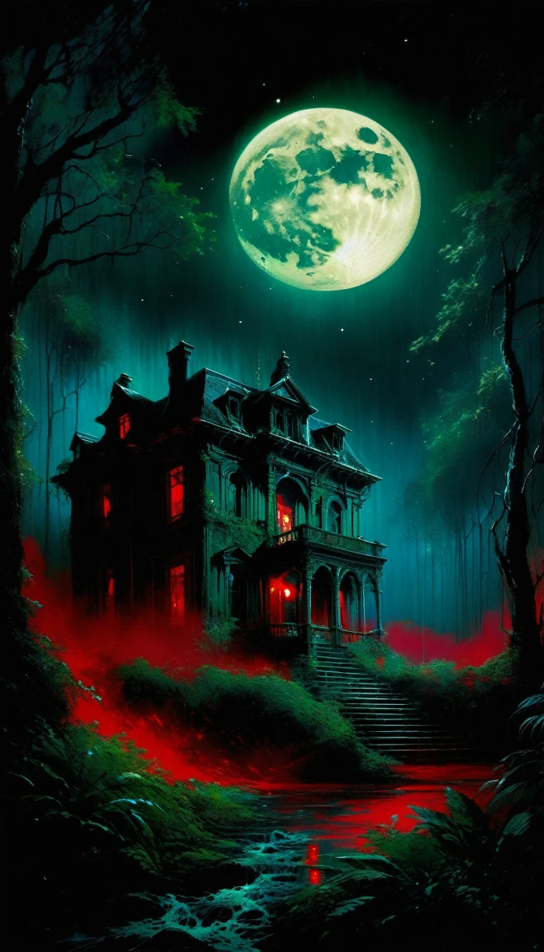 a decaying abandoned mansion in a lush overgrown forest, full moon glowing red in a dark night sky, shadowy wolf silhouettes prowling through the scene, twinkling stars, (best quality, 4k, 8k, highres, masterpiece:1.2), ultra-detailed,(realistic, photorealistic, photo-realistic:1.37), oil painting, intricate brushstrokes, dramatic lighting, dark moody atmosphere, chiaroscuro, Bill Sienkiewicz inspired art