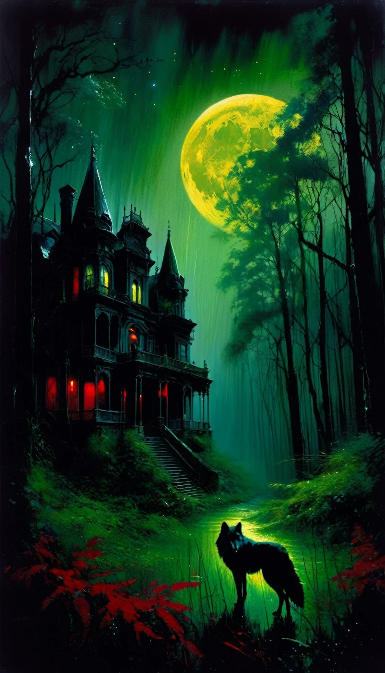 a decaying abandoned mansion in a lush overgrown forest, full moon glowing red in a dark night sky, shadowy wolf silhouettes prowling through the scene, twinkling stars, (best quality, 4k, 8k, highres, masterpiece:1.2), ultra-detailed,(realistic, photorealistic, photo-realistic:1.37), oil painting, intricate brushstrokes, dramatic lighting, dark moody atmosphere, chiaroscuro, Bill Sienkiewicz inspired art
