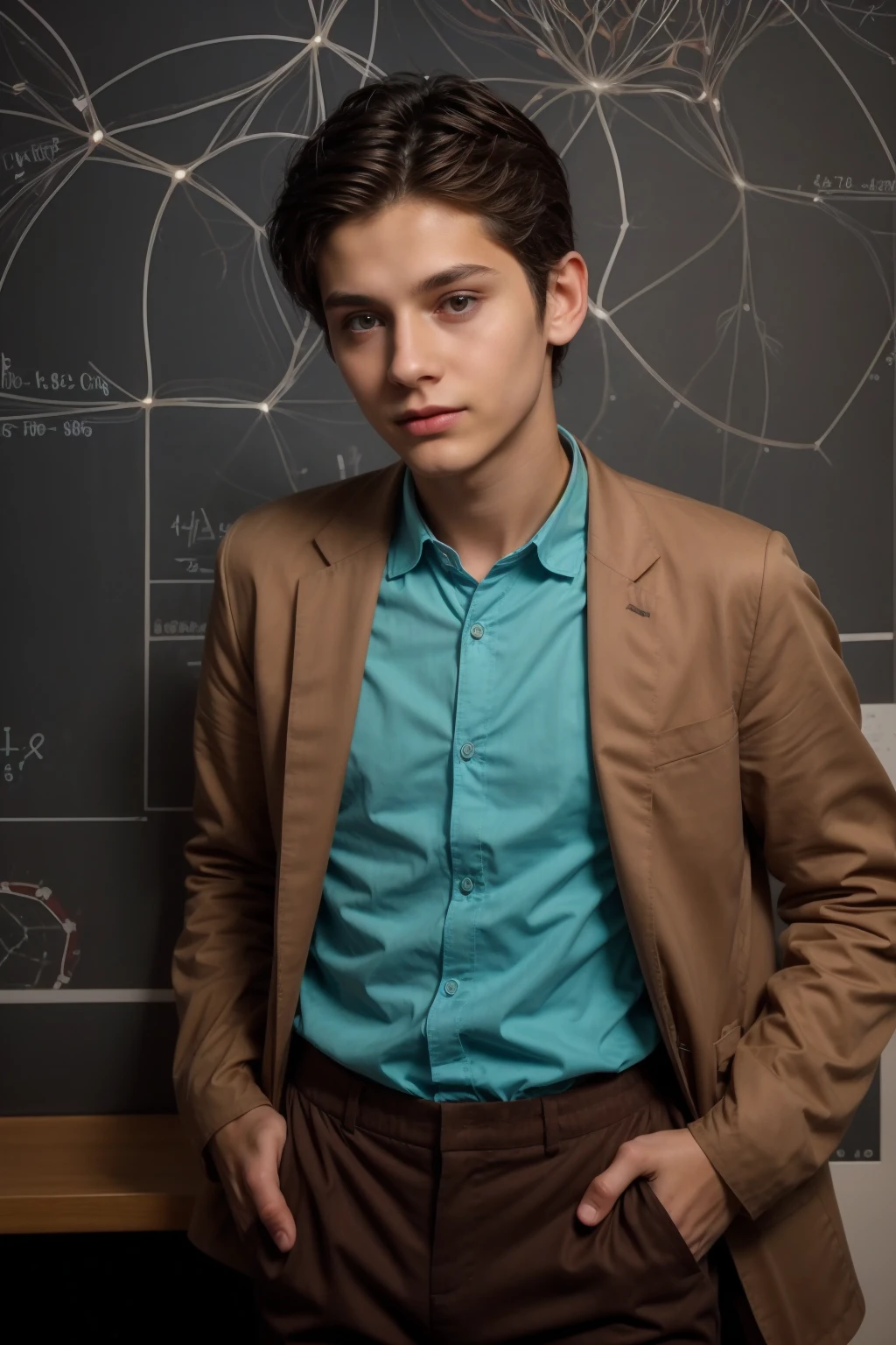 A beautiful young male twink with black hair and a face with makeup. He is wearing a luxurious, long-sleeved, aquamarine shirt and brown pants. He is in his huge scientific office, and behind him is a blackboard on which are written the neurons and the shape of the brain and its anatomy, and he looks on proudly.