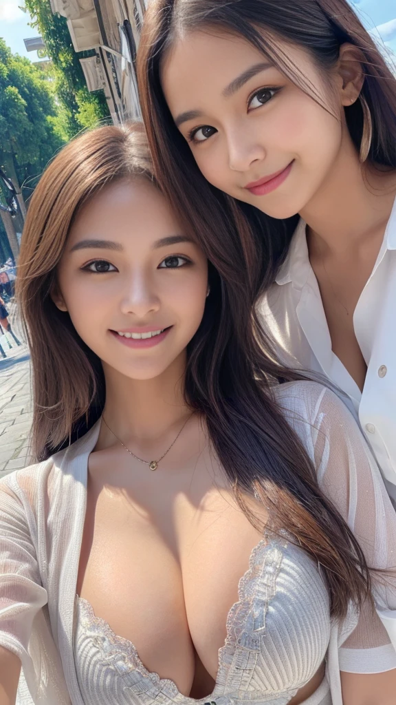 (masterpiece, Highest quality:1.1), (8K, RAW Photos, Photo Real:1.2, f22), (Shiny skin), Detailed skin, Detailed face, smilee,Fine grain,Long Hair, break, Real World, (Super detailed, Cleavage), Intricate details, smile, One girl, (shirt)、 (Overseas tourist attractions:1.4)