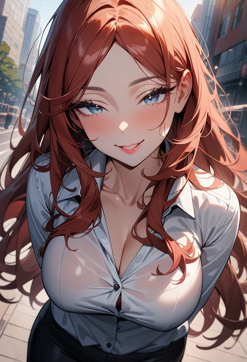1girl,solo,super detailed skin,shiny skin,natural face, smile,half open eyes,eyelashes,lips gloss,red hair,long hair,parted bangs ,large breasts , button-down shirt,pant,morning city ,masterpiece,best quality,ultra detailed,high resolution,sharp focus