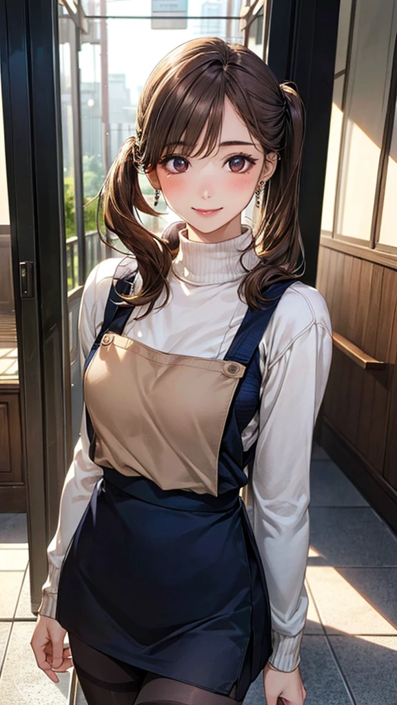 (masterpiece:1.2, top-quality), (realistic, photorealistic:1.4), beautiful illustration, (natural side lighting, movie lighting),
looking down at viewer, from below:1.2, 1 girl, japanese, high school girl, perfect face, cute and symmetrical face, shiny skin, babyface,
(middle hair, side ponytail, light brown hair), asymmetrical bangs, brown eyes, big eyes, drooping eyes, (middle breasts, seductive thighs, big ass), piercings,
beautiful hair, beautiful face, beautiful detailed eyes, beautiful clavicle, beautiful body, beautiful chest, beautiful thigh, beautiful legs, beautiful fingers, five fingers,
((light brown turtleneck sweater, black skirt, navy apron, black pantyhose),
(beautiful scenery), evening, school hallway, walking, (lovely smile, upper eyes),