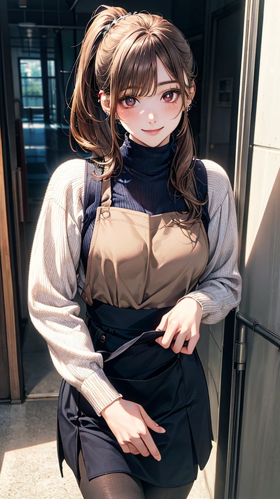 (masterpiece:1.2, top-quality), (realistic, photorealistic:1.4), beautiful illustration, (natural side lighting, movie lighting),
looking down at viewer, from below:1.2, 1 girl, japanese, high school girl, perfect face, cute and symmetrical face, shiny skin, babyface,
(middle hair, side ponytail, light brown hair), asymmetrical bangs, brown eyes, big eyes, drooping eyes, (middle breasts, seductive thighs, big ass), piercings,
beautiful hair, beautiful face, beautiful detailed eyes, beautiful clavicle, beautiful body, beautiful chest, beautiful thigh, beautiful legs, beautiful fingers, five fingers,
((light brown turtleneck sweater, black skirt, navy apron, black pantyhose),
(beautiful scenery), evening, school hallway, walking, (lovely smile, upper eyes),