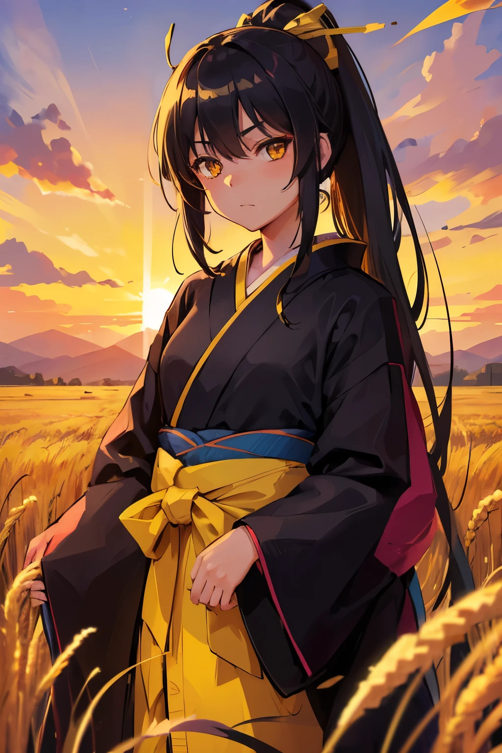 A girl in a kimono stands expressionless in a wheat field up to her waist, Black kimono with gold rimming, her hair is tied in a ponytail, Yellow Eyes, The sunset in her eyes, The light hits her face, Half landscape orientation to the camera