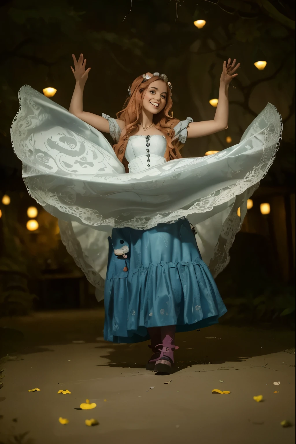 (Best quality, 8k, 32k, Masterpiece, UHD:1.2), "Transform the scene into the whimsical and surreal Wonderland from Tim Burton's Alice in Wonderland movie. Picture a fantastical landscape filled with vibrant colors, twisted shapes, and eccentric details that defy the laws of nature.

The sky is a swirling blend of deep purples and electric blues, dotted with fluffy, oversized clouds. The ground is a patchwork of lush, green meadows and peculiar, brightly colored flowers that seem to have a life of their own. Enormous mushrooms, in a variety of shapes and sizes, tower above, casting curious shadows.

In the distance, you can see the towering, whimsical architecture of the Queen of Hearts' castle, with its heart-shaped turrets and red-and-black color scheme. A winding path, paved with mismatched stones, leads through the landscape, inviting exploration. Along the path, you'll encounter all manner of strange and enchanting creatures, from the mischievous Cheshire Cat, with his wide grin and glowing eyes, to the endearing yet peculiar White Rabbit, always in a hurry.

The trees are gnarled and twisted, with branches that reach out like skeletal hands, some adorned with glowing lanterns and peculiar fruits. The foliage is dense and full of surprises, with occasional glimpses of fantastical creatures peeking through.

The overall atmosphere is one of enchantment and curiosity, with a touch of darkness and mystery, capturing the unique and magical essence of Tim Burton's Wonderland. Every element should be infused with a sense of whimsy and wonder, transforming the setting into a place where the impossible becomes possible." 