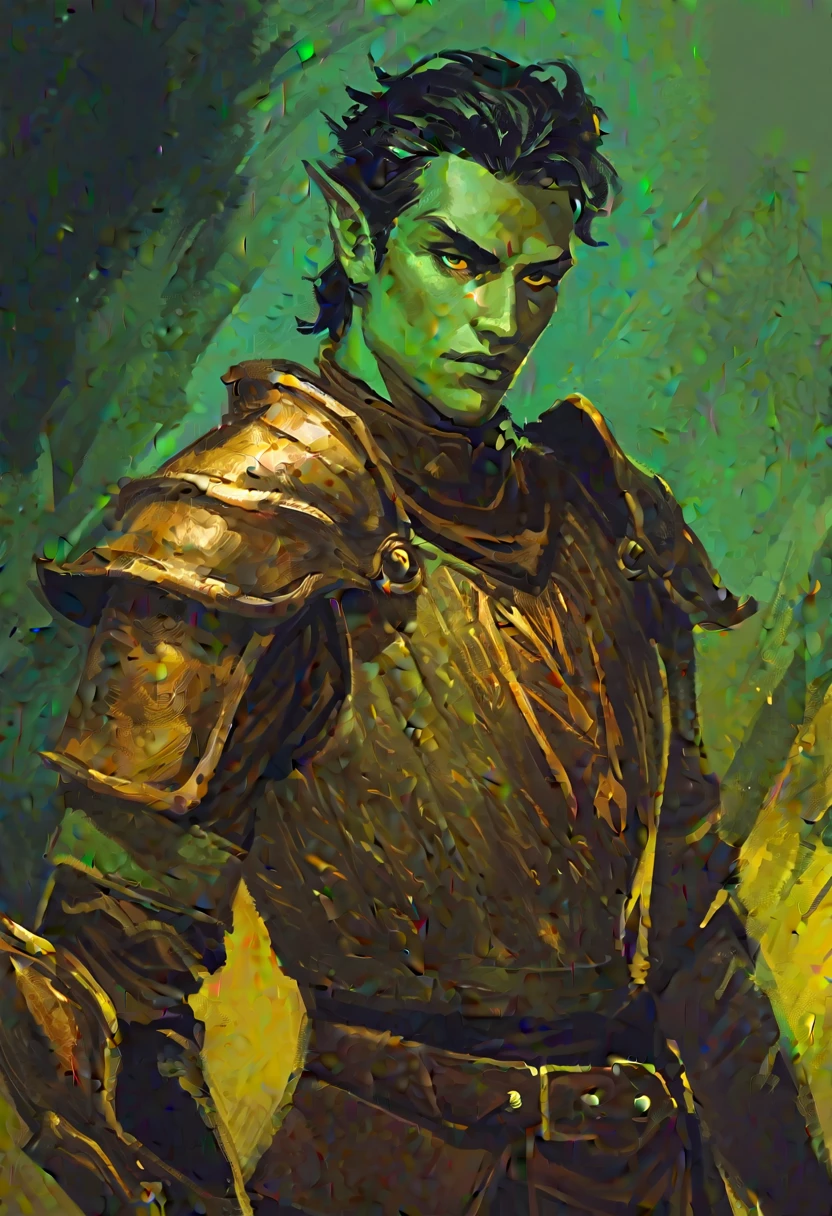 digitalpainting, pictorial \(styled\), male rogue from the Elder Scrolls series, trunk, 1920x1080, short dark hair, golden eye, Light green skin, brown leather armor, without shoulder pad, Dynamic shading, expressive brushstrokes, oil on canvas, extremely detaild, light and dark colors