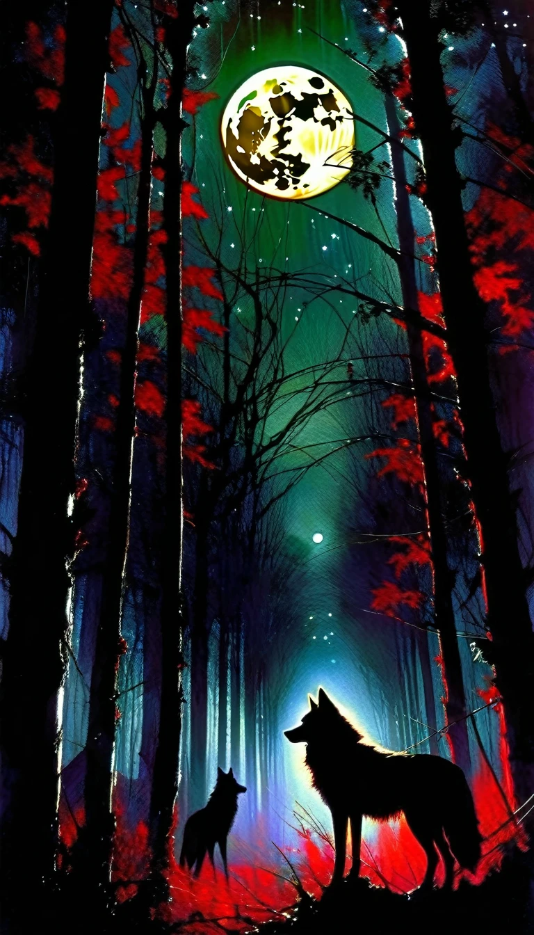 a decaying abandoned mansion in a lush overgrown forest, full moon glowing red in a dark night sky, shadowy wolf silhouettes prowling through the scene, twinkling stars, (best quality, 4k, 8k, highres, masterpiece:1.2), ultra-detailed,(realistic, photorealistic, photo-realistic:1.37), oil painting, intricate brushstrokes, dramatic lighting, dark moody atmosphere, chiaroscuro, Bill Sienkiewicz inspired art