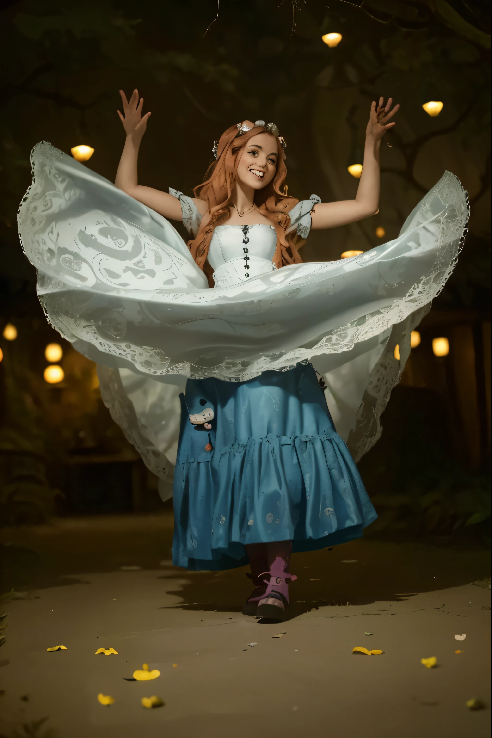 (Best quality, 8k, 32k, Masterpiece, UHD:1.2), "Transform the scene into the whimsical and surreal Wonderland from Tim Burton's Alice in Wonderland movie. Picture a fantastical landscape filled with vibrant colors, twisted shapes, and eccentric details that defy the laws of nature.
The sky is a swirling blend of deep purples and electric blues, dotted with fluffy, oversized clouds. The ground is a patchwork of lush, green meadows and peculiar, brightly colored flowers that seem to have a life of their own. Enormous mushrooms, in a variety of shapes and sizes, tower above, casting curious shadows.
In the distance, you can see the towering, whimsical architecture of the Queen of Hearts' castle, with its heart-shaped turrets and red-and-black color scheme. A winding path, paved with mismatched stones, leads through the landscape, inviting exploration. Along the path, you'll encounter all manner of strange and enchanting creatures, from the mischievous Cheshire Cat, with his wide grin and glowing eyes, to the endearing yet peculiar White Rabbit, always in a hurry.
The trees are gnarled and twisted, with branches that reach out like skeletal hands, some adorned with glowing lanterns and peculiar fruits. The foliage is dense and full of surprises, with occasional glimpses of fantastical creatures peeking through.
The overall atmosphere is one of enchantment and curiosity, with a touch of darkness and mystery, capturing the unique and magical essence of Tim Burton's Wonderland. Every element should be infused with a sense of whimsy and wonder, transforming the setting into a place where the impossible becomes possible."