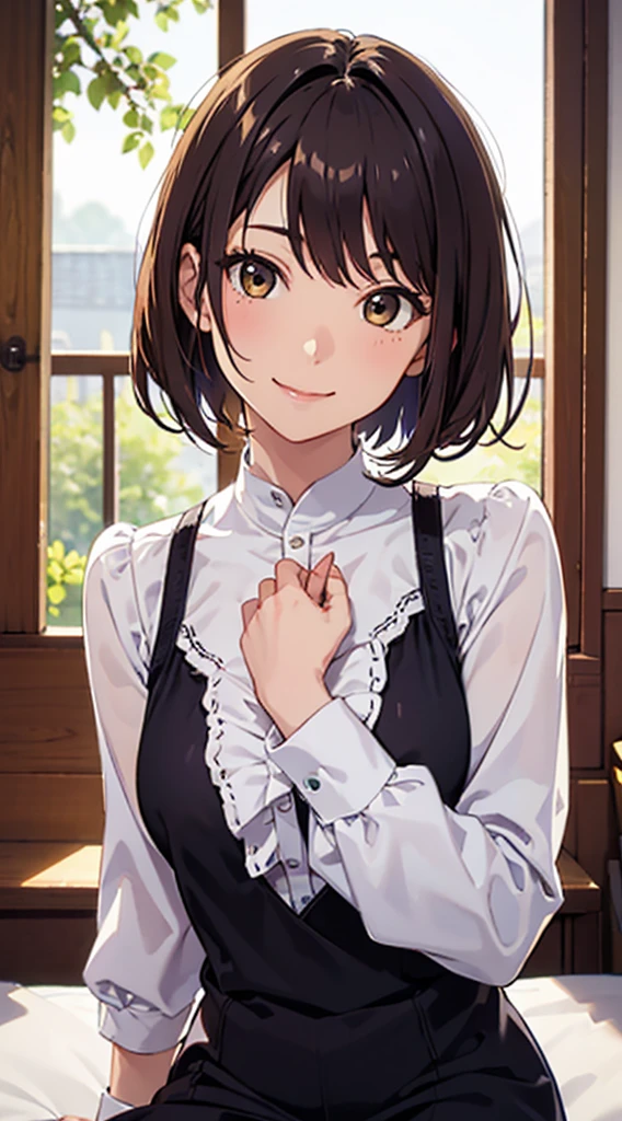 best quality, detailed face, 1girl, middle breast, smile, dressed up, (Charming, Puffy eyes:1.2), good anatomy, looking at viewer, soft focus, Golden hour lighting, depth of field, happy expression, shortcut hair, 