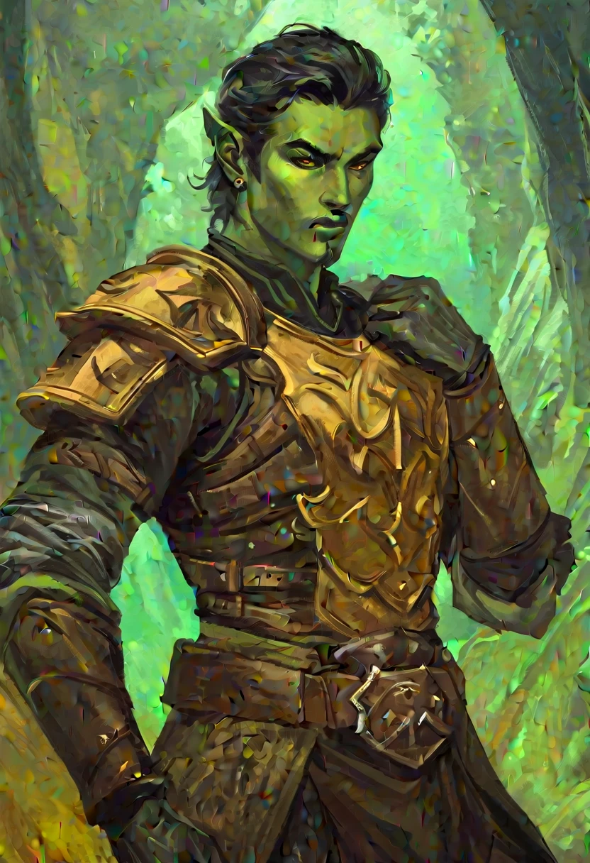 digitalpainting, pictorial \(styled\), male rogue from the Elder Scrolls series, trunk, paisaje, short dark hair, golden eye, Light green skin, brown leather armor, without shoulder pad, Dynamic shading, expressive brushstrokes, oil on canvas, extremely detaild, light and dark colors
