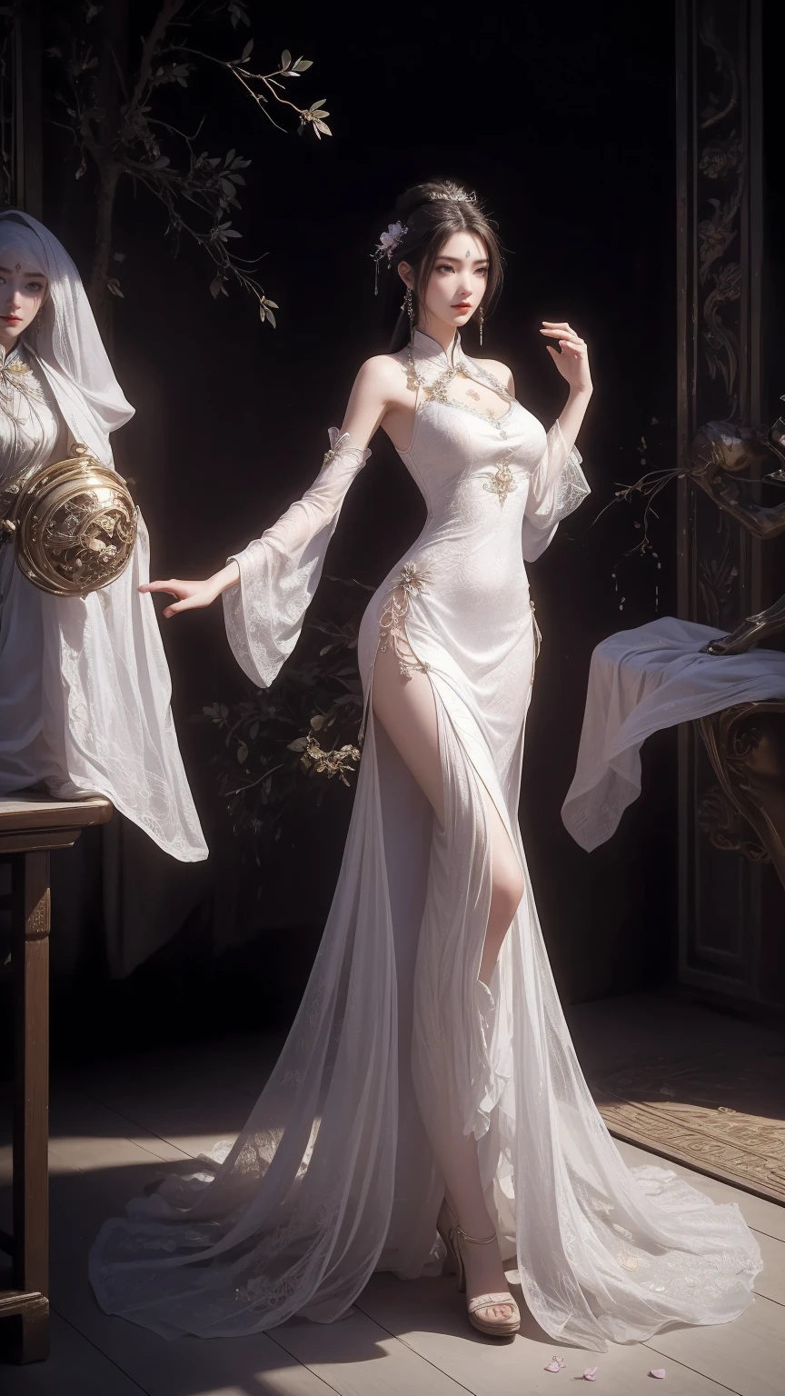A beautiful woman with perfect curves wearing a long white dress that gently flutters in the air,The beautiful woman was standing in a sea of beautiful flowers surrounding her, Chinese traditional, her flexible body increasing with every movement, So enchanting, the dim candlelight, the glowing butterflies fighting the darkness of the night, the light of the moon, The night wind blowing the curtains, the white flower petals , flower petals flying around the room, Chinese dancing, This woman is so beautiful that she attracts everyone who watches her, ancient China, imperial empress