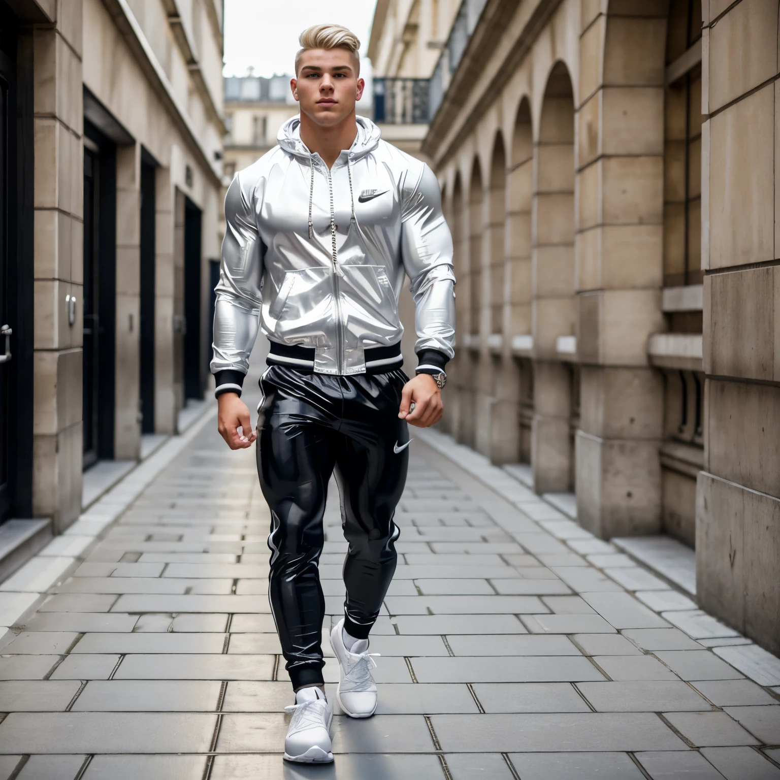 full view full body, a Cute, big, beefy, thick, white european teen bodybuilder, muscular, with blonde undercut clean haircut, nerdy, dorky, portrait, wearing tight blackNike trackie pants, white Nike socks, black shiny bomber jacket, silver rings, chunky silver massive chains and bracelets, Paris University corridors