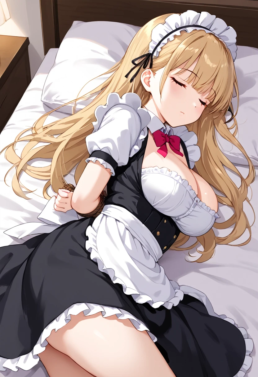 A beautiful girl, maid, tied up, sleeping on bed