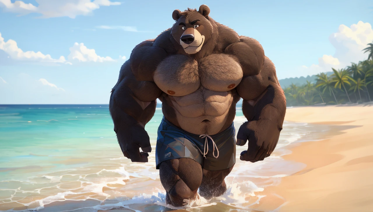 solo, 1boy, beach, size different, extremely huge muscular, massive muscular, Baloo, jungle book, grizzly bear, full-body, well-muscled bring shirtless in a black swim trunk shorts in beach. Flexing his arms. ((extremely muscle size, super thick arms, huge bidy, thick brown fur, extremely wide body and shoulder , huge arms)). and add details to make it attractive and interesting. Correct Anatomy, Add textures and details to make the image more realistic, such as the appearance of the shirt texture and the appearance of the skin. Make sure the resulting image is high resolution, 8K quality.", simple background, masterpiece, high detailed, 8k, high resolution