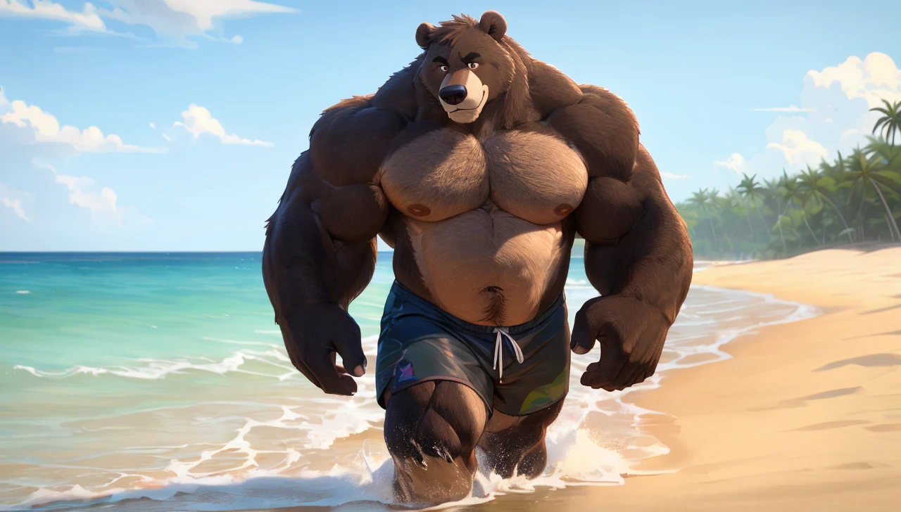 solo, 1boy, beach, size different, extremely huge muscular, massive muscular, Baloo, jungle book, grizzly bear, full-body, well-muscled bring shirtless in a black swim trunk shorts in beach. Flexing his arms. ((extremely muscle size, super thick arms, huge bidy, thick brown fur, extremely wide body and shoulder , huge arms)). and add details to make it attractive and interesting. Correct Anatomy, Add textures and details to make the image more realistic, such as the appearance of the shirt texture and the appearance of the skin. Make sure the resulting image is high resolution, 8K quality.", simple background, masterpiece, high detailed, 8k, high resolution
