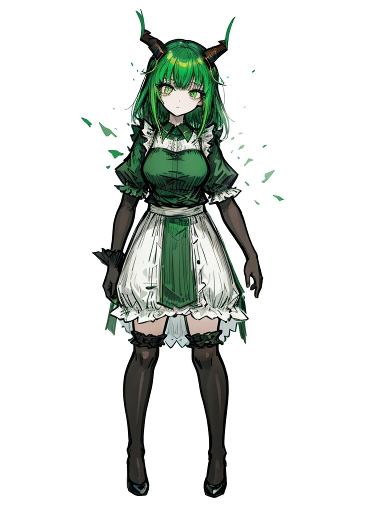 1girl, emerald eyes, emerald hair, driade, maid, white clothes, nice clothes, (high resolution, high detail, best quality),
black background, medium size breasts, wooden horns, sweet