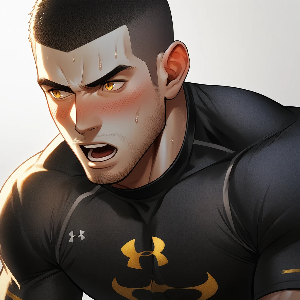 1muscular sportsman, Athlete,male focus, Buzz Cut, Yellow and black tight T-shirt, Under Armour,Very tight, muscular male, muscular, only, Upper body, alone, look to the side, short hair, stubble, sweat, black hair, Yellow eyes, open lips, White background, simple background, amazing quality, best aesthetics, Ridiculous, crew cut, moaning, blush, clair obscur, cinematic lighting, best quality, textured skin