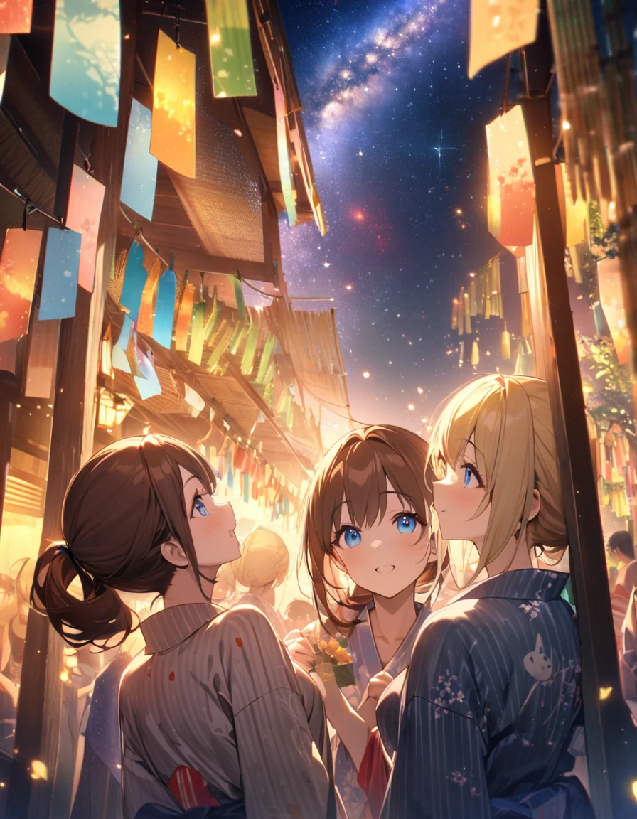 Highest quality, masterpiece, The girl who grants wishes,blonde,blue eyes,Double exposure, The best smile, Look up at the sky, yukata, milky way, Night view, Tanabata Festival, Large bamboo and colorful hanging ornaments,Golden light particle effect、Japanese Events、Tanabata decoration、Bamboo、wish、ponytail、Brown Hair、Blue eyes