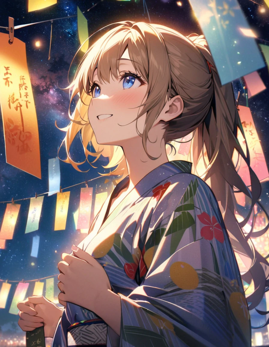 Highest quality, masterpiece, The girl who grants wishes,blonde,blue eyes,Double exposure, The best smile, Look up at the sky, yukata, milky way, Night view, Tanabata Festival, Large bamboo and colorful hanging ornaments,Golden light particle effect、Japanese Events、Tanabata decoration、Bamboo、wish、ponytail、Brown Hair、Blue eyes