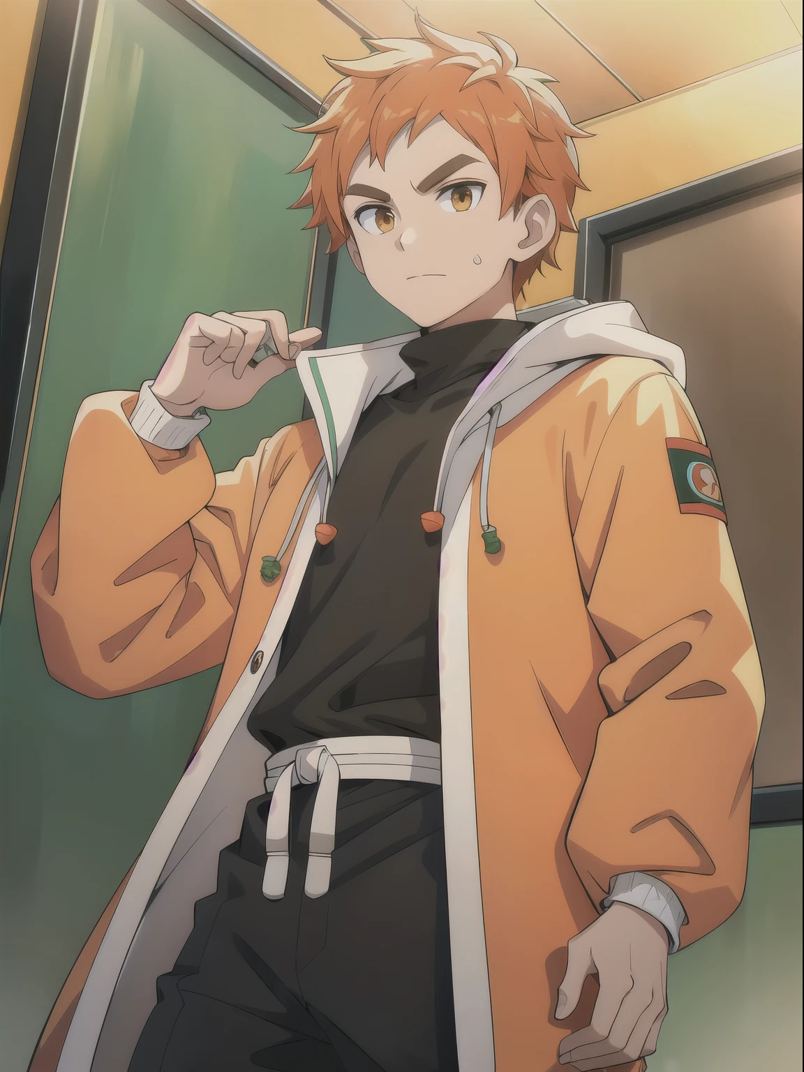 male character, naughty man, carrot outfit, green hair with orange highlights, orange eyes, wearing white coat