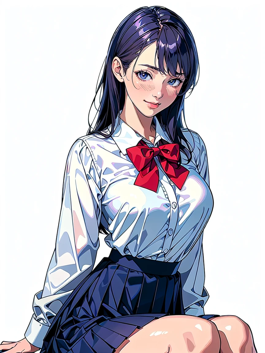 (Highest quality、Masterpiece、、Highest quality、Hyperrealism、Ultra HD)、(White polyester collared blouse:1.2)、(Navy Pleated Skirt:1.4)、( Red bow tie on chest:1.1)、Perfect Style、Perfect body line、Large Breasts、Slender body、Perfect beautiful anime style、Smooth anime CG art、(The simplest pure white background:1.1)、Sitting、Embarrassed expression、blush、smile