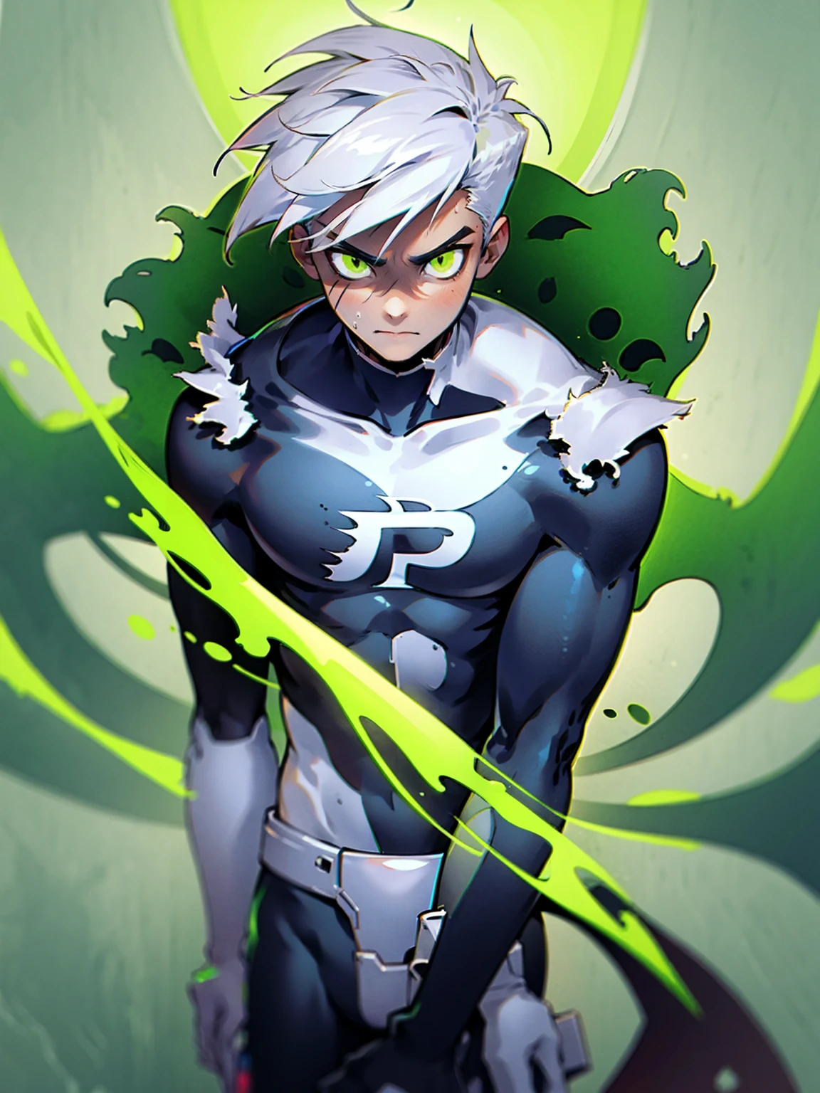 ((masterpiece, best quality)),(complex light),1boy, full body,solo, danny phantom, white hair, <lora:danny_phantom2-10_1+2:0.6>,white gloves,