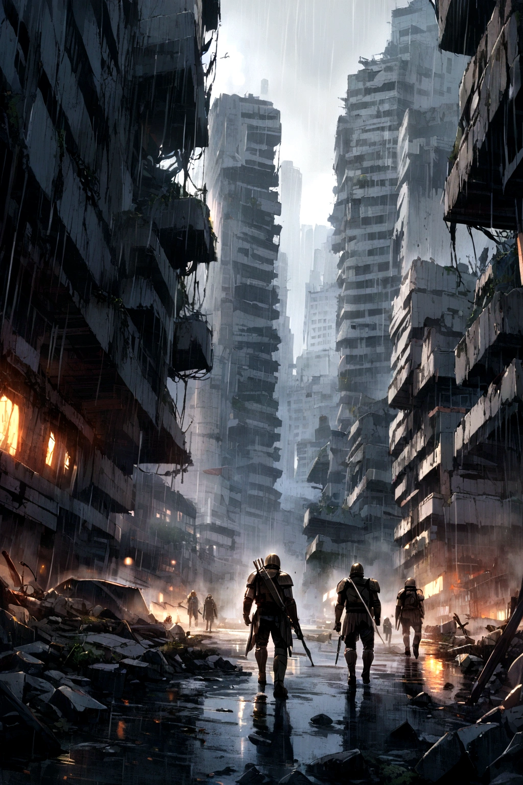 Some Spartans walking in the rain surrounded by modern buildings in ruins