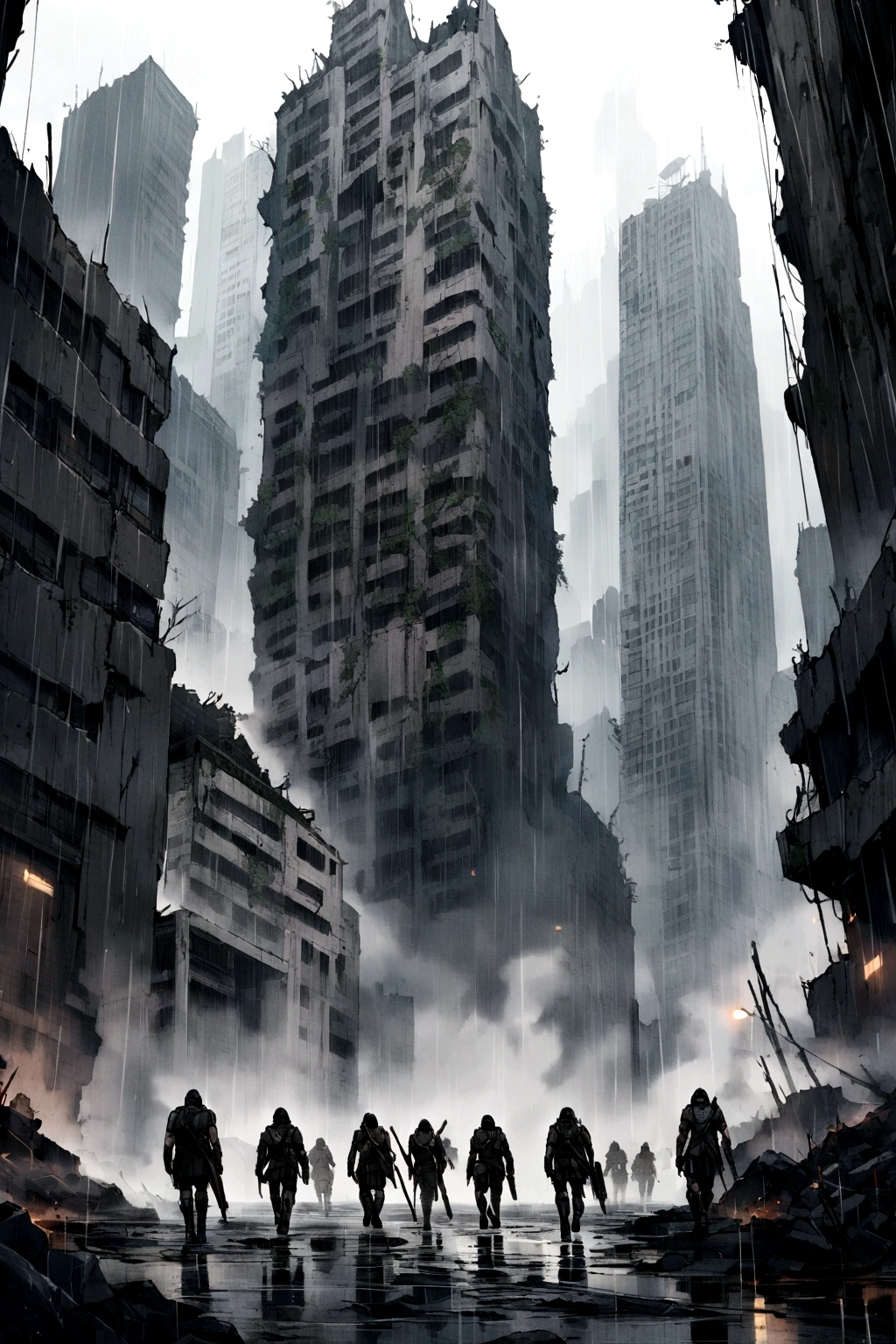 Some Spartans walking in the rain surrounded by modern buildings in ruins