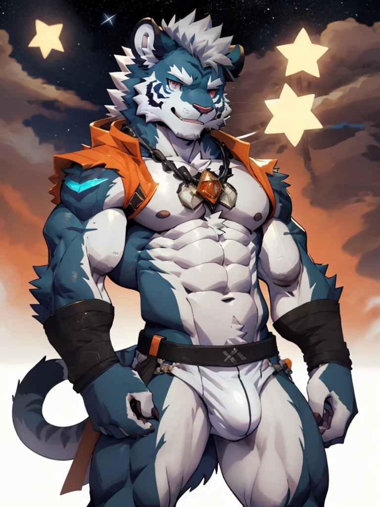 Two furry, first one, Von Lycaon (Zenless Zone Zero), second one, tiger, black tiger, tiger male, gray hair, white body fur, muscular male, elder male, light red eyes, wearing nothing, gray fur tuft, eastern necklace, star night background, ( by Sollyz, masterpiece, 8k, hd), Looking at viewer, smiling, detailed face, detailed eyes, detailed hair, detailed muscles, detailed clothes, Genshin, nude lower body, bulge on crotch,