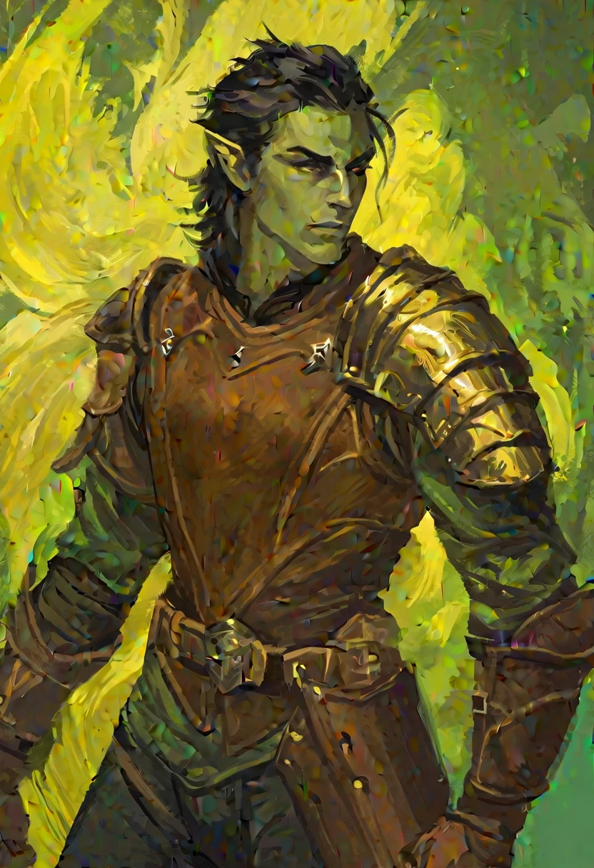 digitalpainting, pictorial \(styled\), male rogue from the Elder Scrolls series, trunk, short dark hair, golden eye, Light green skin, brown leather armor, without shoulder pad, Dynamic shading, expressive brushstrokes, oil on canvas, extremely detaild, light and dark colors