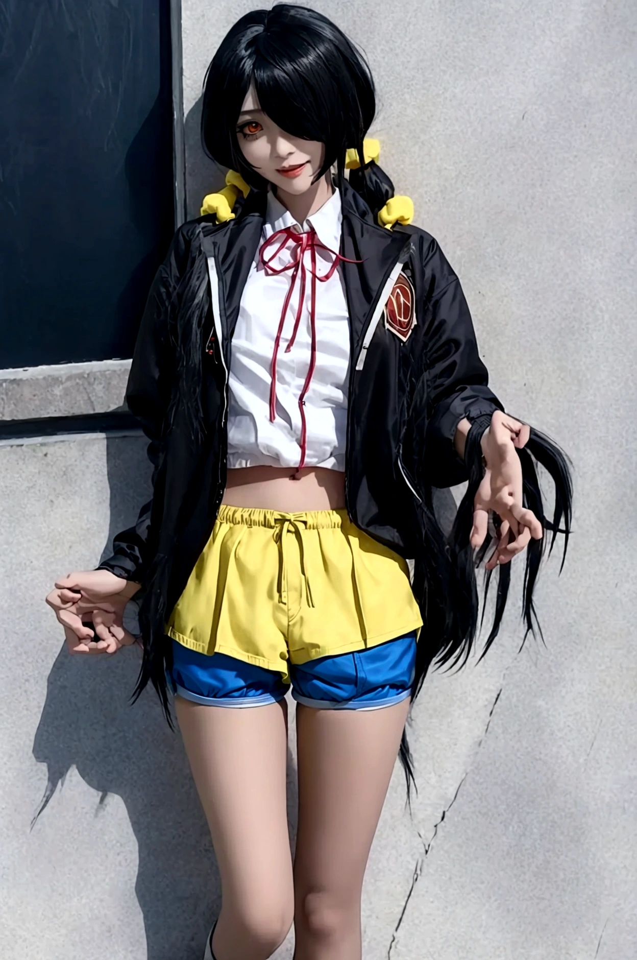 ultra-detailed,highly detailed,best quality,masterpiece,illustration,realistic, photo,photorealistic,
1girl, ((tokisaki kurumi)), cosplay, hair over one eye, (right red eye, left yellow eye), looking at viewer, happy girl, ponytail, ((jacket)), (((hotpants))), hair rings, loafers,
(Outdoors), walking, beach
