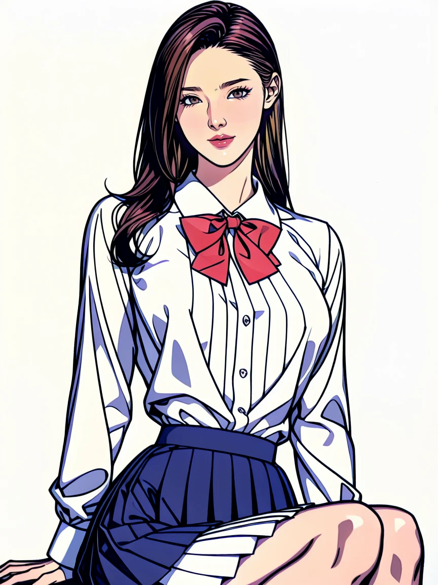 (Highest quality、Masterpiece、、Highest quality、Hyperrealism、Ultra HD)、(White polyester collared blouse:1.2)、(Navy Pleated Skirt:1.4)、( Red bow tie on chest:1.1)、Perfect Style、Perfect body line、Large Breasts、Slender body、Perfect beautiful anime style、Smooth anime CG art、(The simplest pure white background:1.1)、Sitting、Embarrassed expression、blush、smile