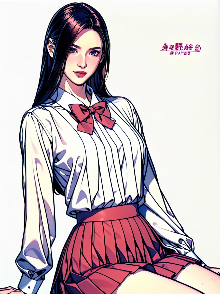 (Highest quality、Masterpiece、、Highest quality、Hyperrealism、Ultra HD)、(White polyester collared blouse:1.2)、(Navy Pleated Skirt:1.4)、( Red bow tie on chest:1.1)、Perfect Style、Perfect body line、Large Breasts、Slender body、Perfect beautiful anime style、Smooth anime CG art、(The simplest pure white background:1.1)、Sitting、Embarrassed expression、blush、smile