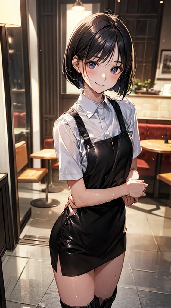 (perfect anatomy, anatomically correct, super detailed skin), 1 womanl, solo, japanese, 24 years old, 7 headed body, (detailed ultra-oily shiny skin:1.1), watching the view, (smile:1.5), wet,
beautiful hair, beautiful face, beautiful detailed eyes, (short hair:1.2, bob cut:1.2), black hair, (large breasts:0.8), (cute face), (Ideal ratio body proportions), emphasis on the buttocks,
beautiful clavicle, beautiful body, beautiful chest, beautiful thigh, beautiful legs, breast, barefoot, barearm, slender, small buttocks, skinny legs,
(waitresses uniform, see-through short sleeves white collared shirt, leather black micro mini skirt, short boots, mini apron), seductive thighs,
(beautiful scenery), cafes, walking, put a café tray on the hand,
(8k, top-quality, masterpiece:1.2, extremely detailed), (photorealistic), beautiful art, visual art, depth of fields, cinematic lighting, surrealism, depth of fields,
