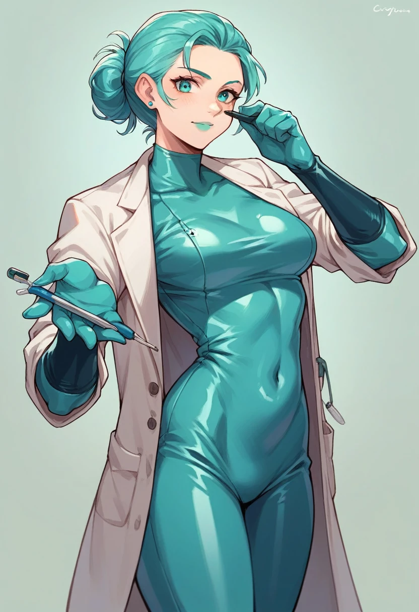 1girl, ((cyan elbow gloves)), ((surgical gloves)), ((latex gloves)), ((long sleeves)) ((dark blue surgeon outfit)), looking at viewer, ((doctor)), standing, solo