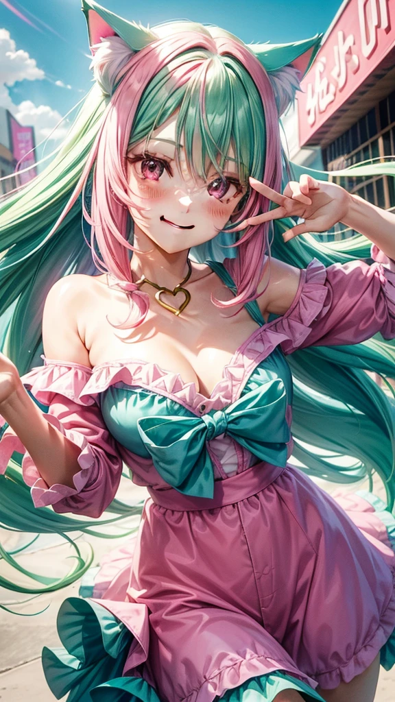 (( Pink green hair color)), pink eyes, woman, teal blue gold clothes,happy face, cat ears, hearts, floating hearts, face only,  long hair, smiling, hair ornament, up close face, closed mouth smile, up closeface, hair bows, sexy body 