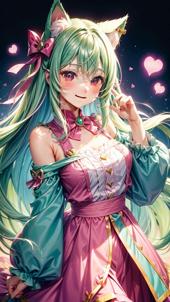 (( Pink green hair color)), pink eyes, woman, teal blue gold clothes,happy face, cat ears, hearts, floating hearts, face only, long hair, smiling, hair ornament, up close face, closed mouth smile, up closeface, hair bows, sexy body